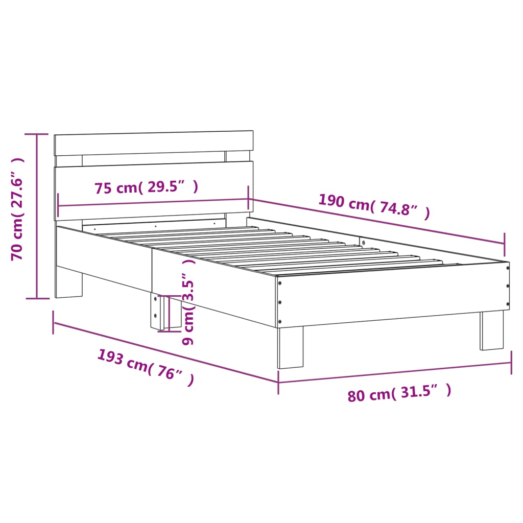 vidaXL Rama łóżka z wezgłowiem i LED, brązowy dąb, 75x190 cm