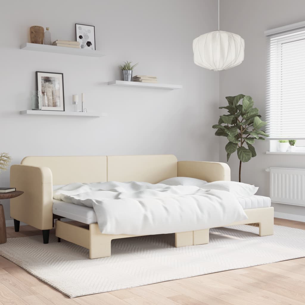 vidaXL Sofa rozsuwana z materacami, kremowa, 80x200 cm, tkanina