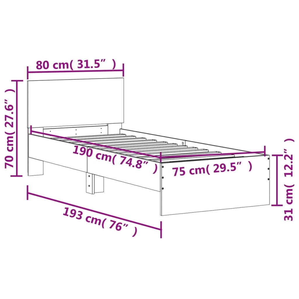 vidaXL Rama łóżka z wezgłowiem i LED, brązowy dąb, 75x190 cm