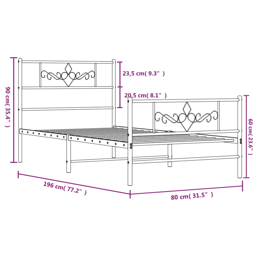 vidaXL Metalowa rama łóżka z wezgłowiem i zanóżkiem, biała, 75x190 cm