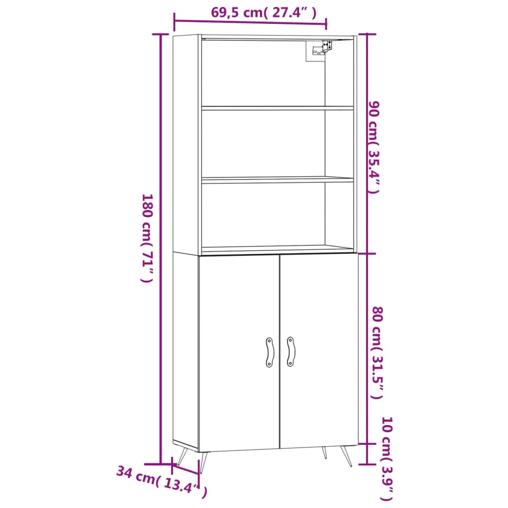 vidaXL Witrynka, szarość betonu 69,5x34x180 cm materiał drewnopochodny