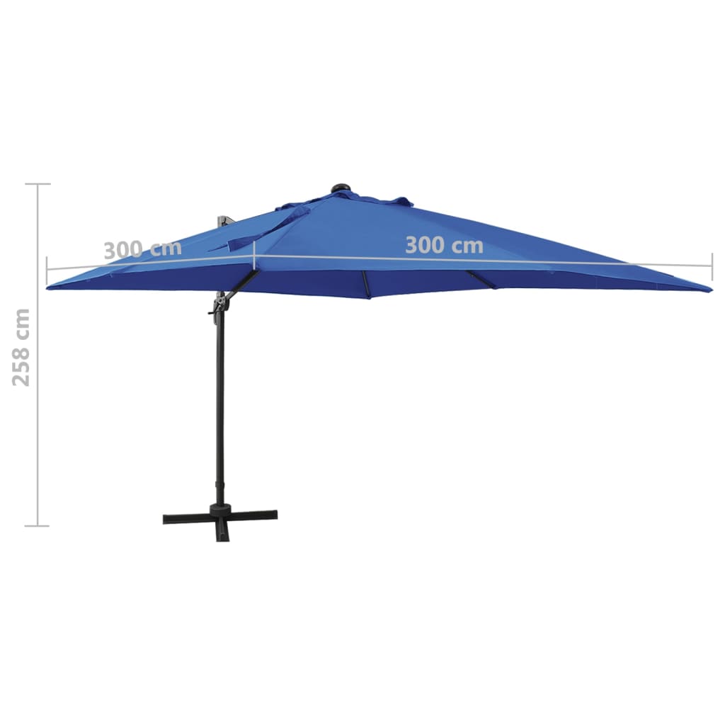 vidaXL Parasol wiszący z LED i słupkiem, niebieski, 300 cm