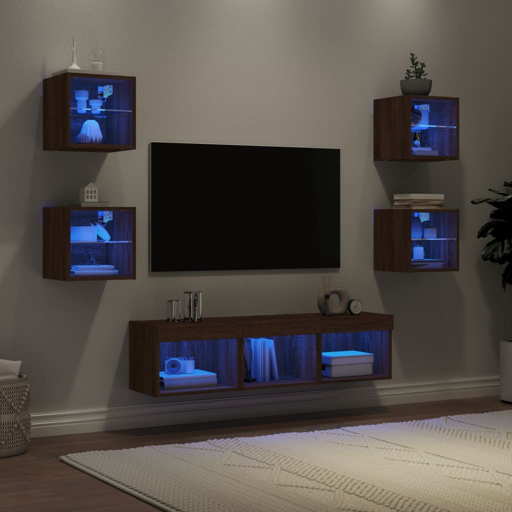 vidaXL 7-częściowy zestaw mebli TV z LED, brązowy dąb