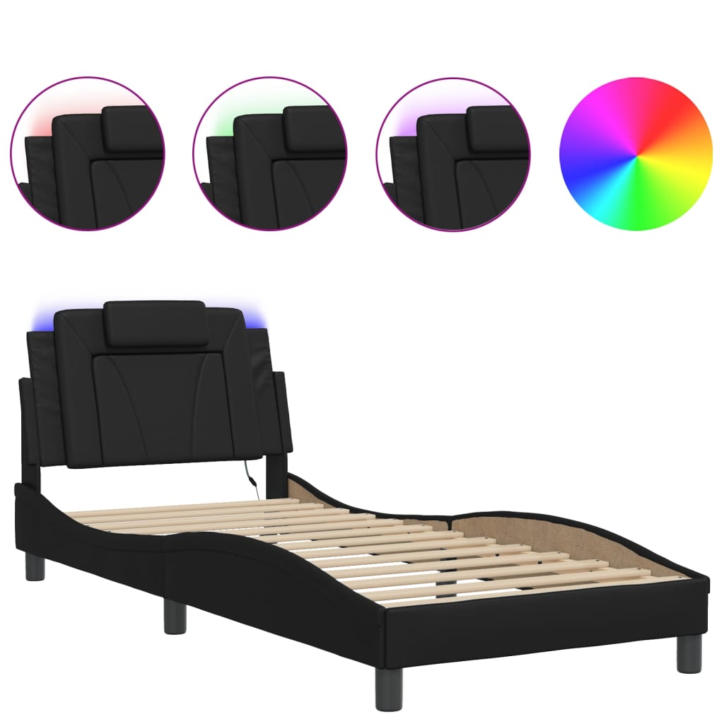 vidaXL Rama łóżka z LED, czarna, 90x190 cm, sztuczna skóra