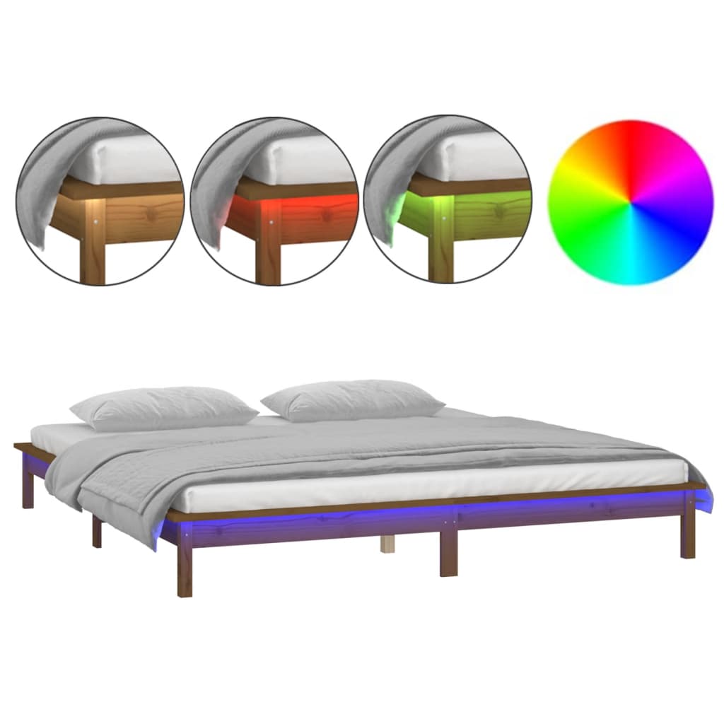 vidaXL Rama łóżka z LED, miodowy brąz, 140x200 cm, lite drewno