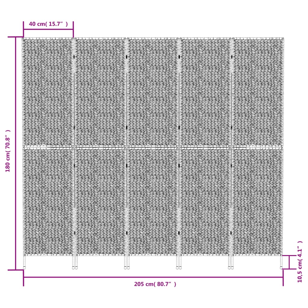 vidaXL Parawan pokojowy, 5-panelowy, 205x180 cm, hiacynt wodny