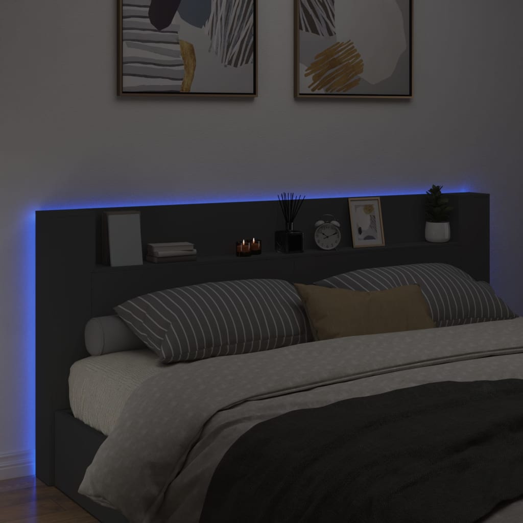 vidaXL Zagłówek z półką i oświetleniem LED, czarny, 220x16,5x103,5cm