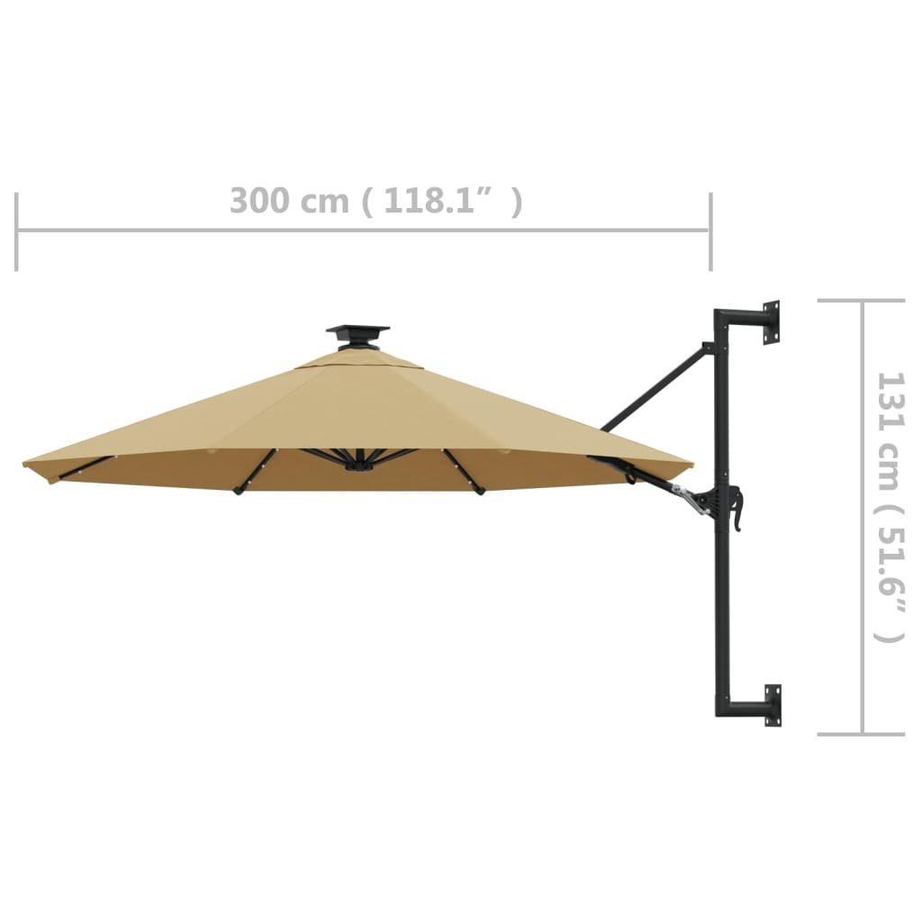 vidaXL Parasol ogrodowy z LED, ścienny, 300 cm, taupe