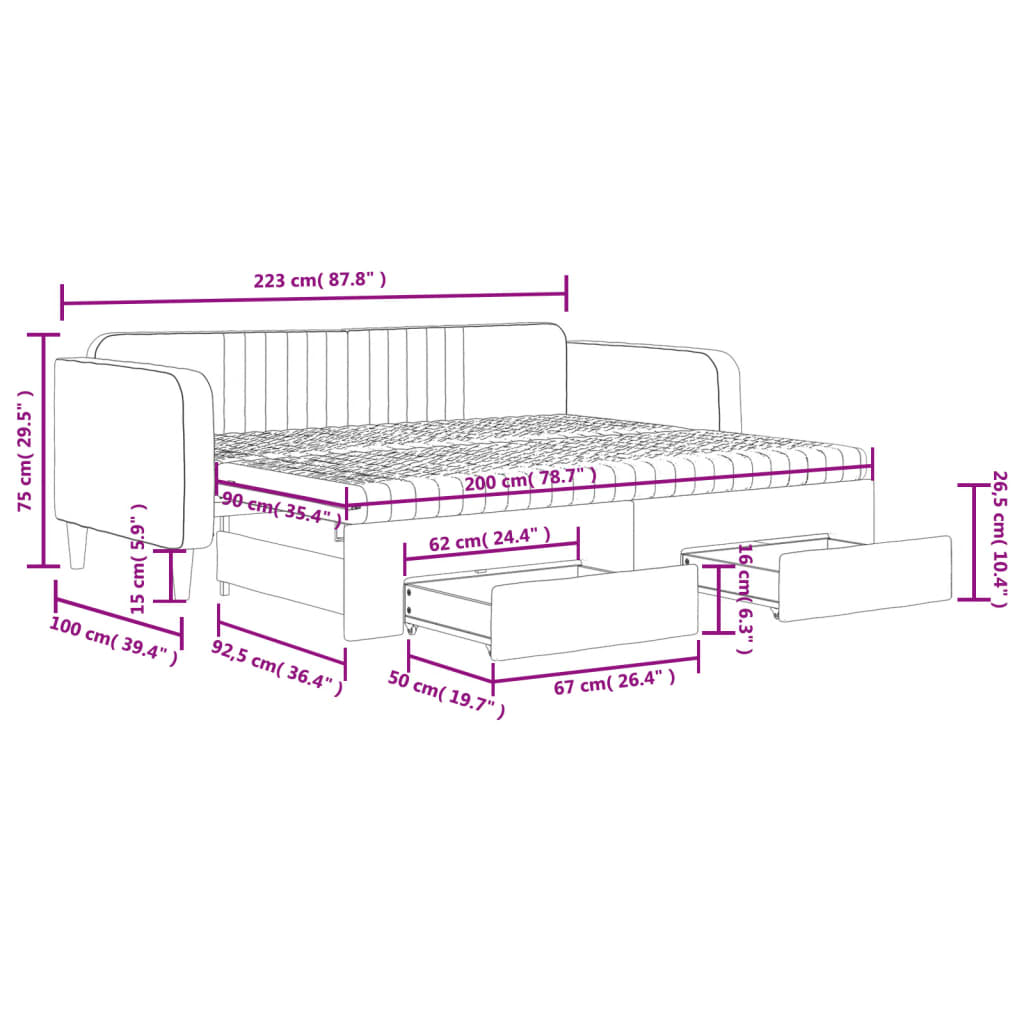 vidaXL Sofa rozsuwana z szufladami, jasnoszara, 90x200 cm, aksamit