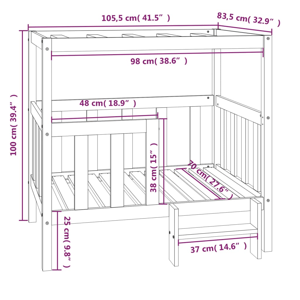 vidaXL Legowisko dla psa, szare, 105,5x83,5x100cm, lite drewno sosnowe