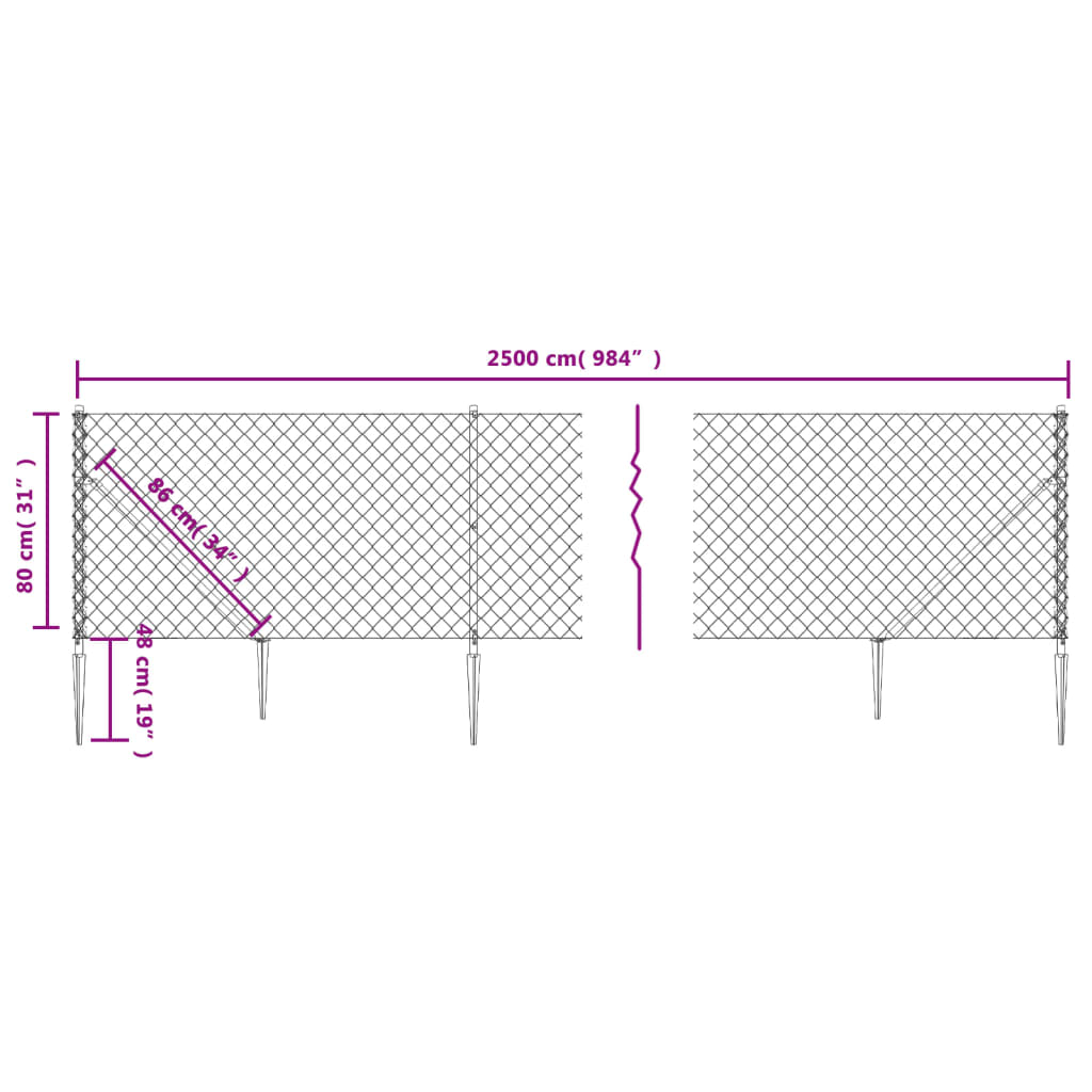 vidaXL Ogrodzenie z siatki, z kotwami, srebrne, 0,8x25 m