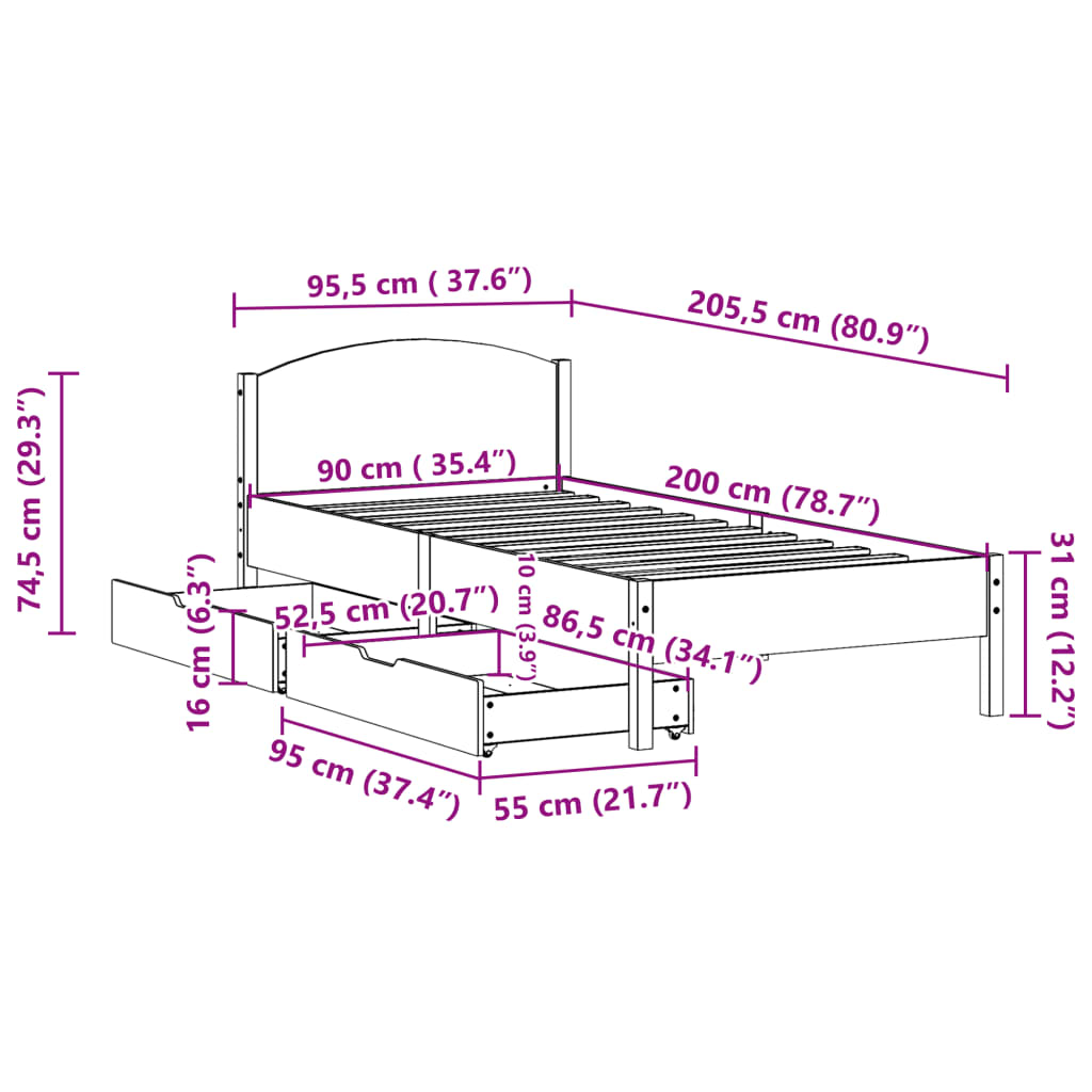 vidaXL Rama łóżka bez materaca, biała, 90x200 cm, lite drewno sosnowe