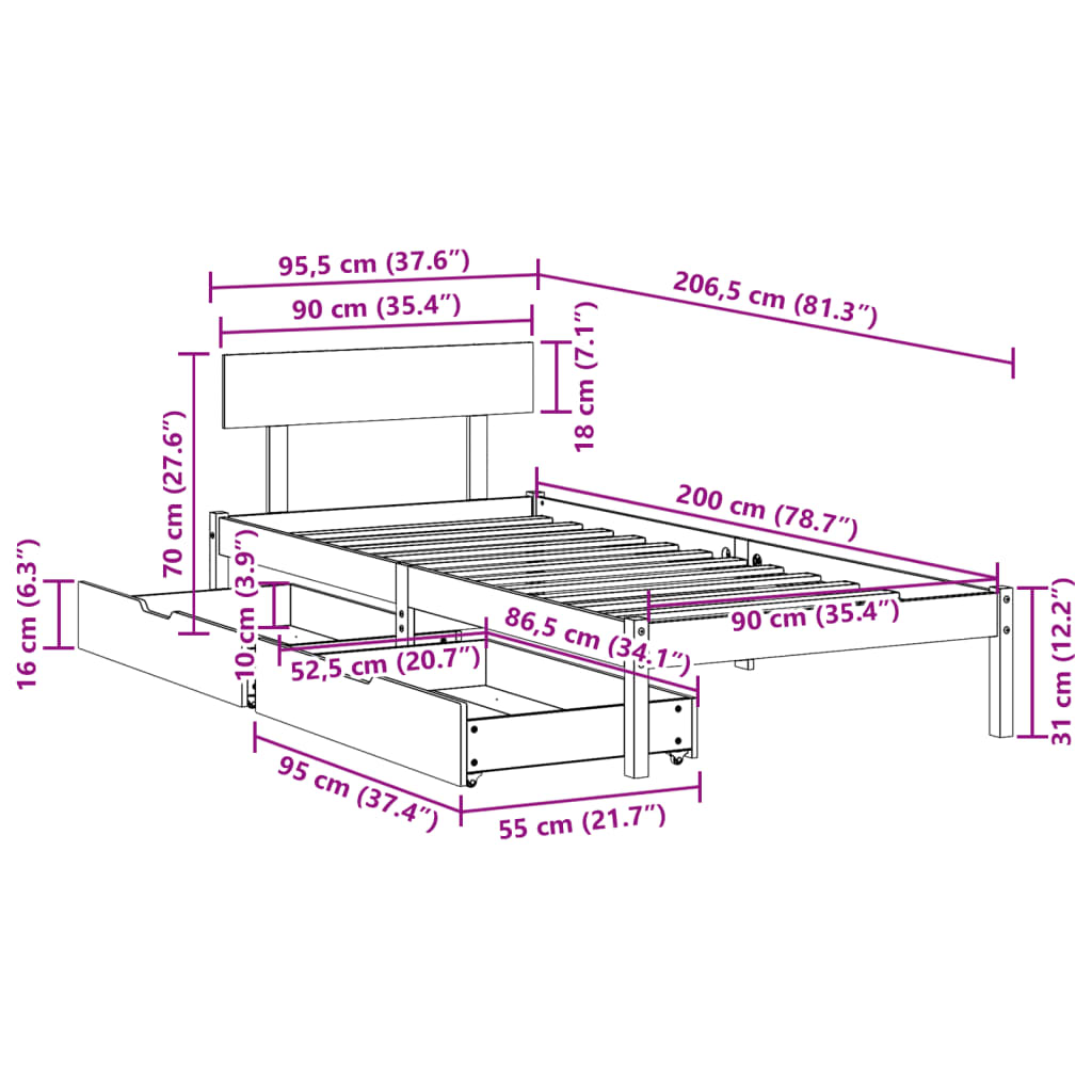 vidaXL Rama łóżka bez materaca, biała, 90x200 cm, lite drewno sosnowe