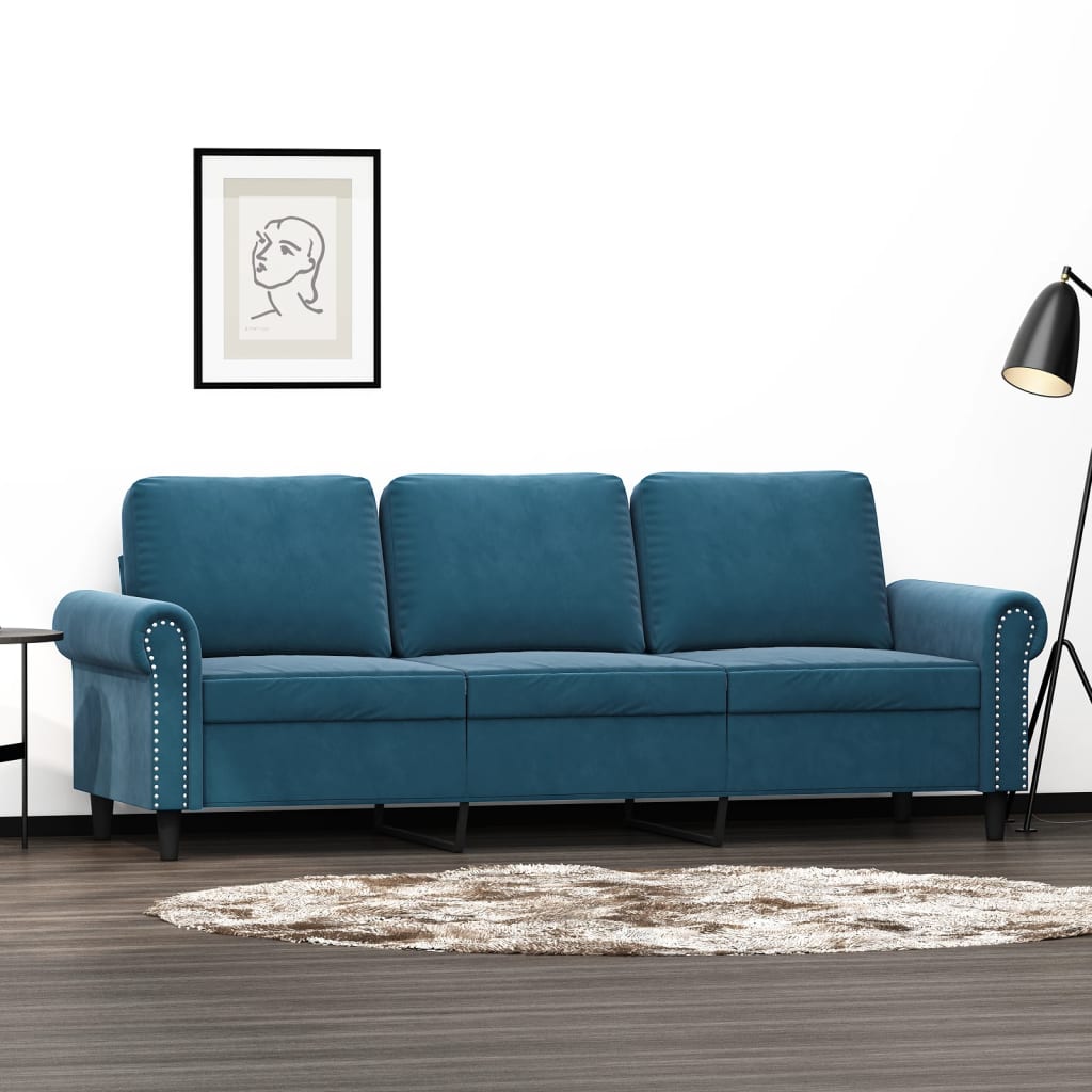 vidaXL Sofa 3-osobowa, niebieski, 180 cm, tapicerowana aksamitem