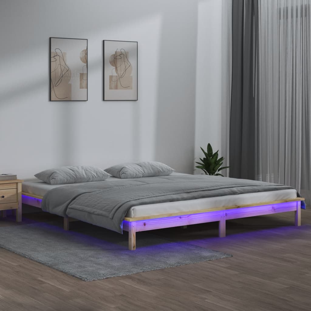 vidaXL Rama łóżka z LED, 140x190 cm, lite drewno