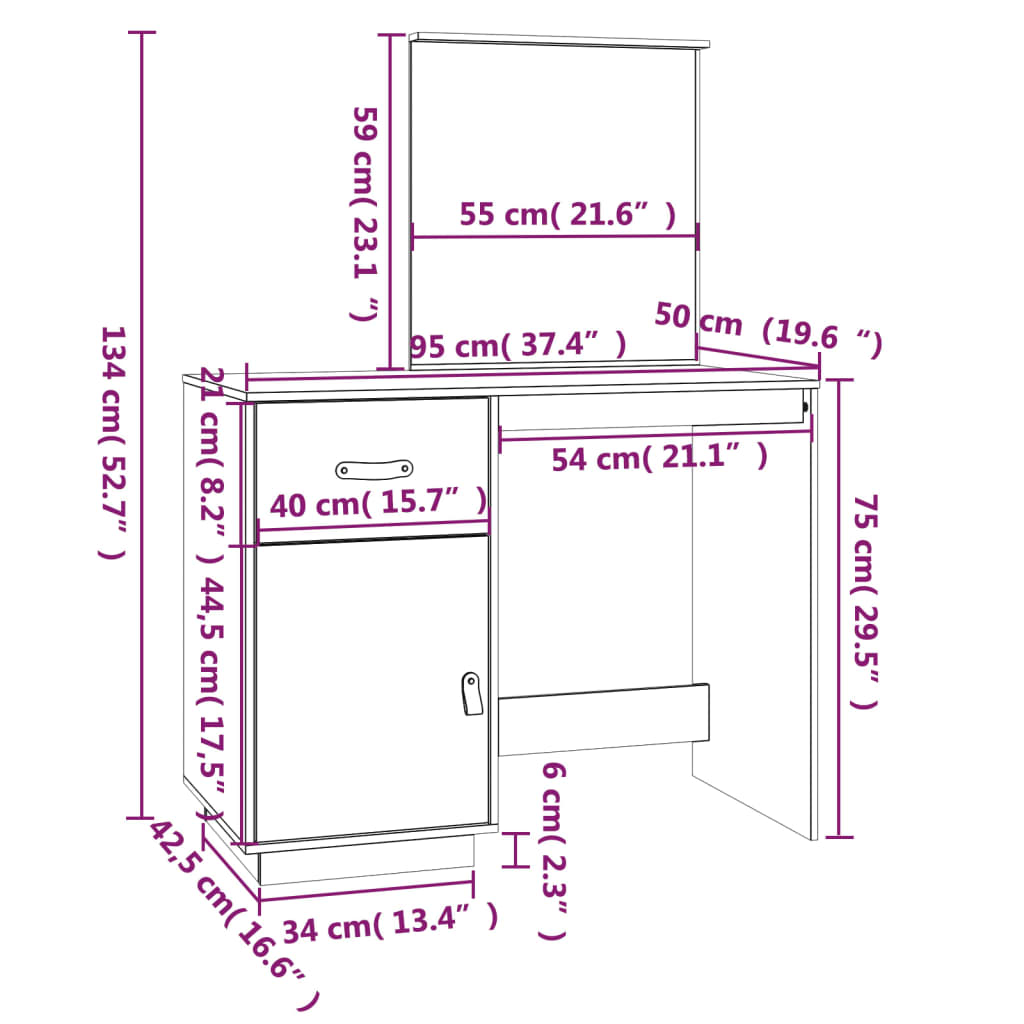 vidaXL Toaletka, biała, 95x50x134 cm, lite drewno sosnowe