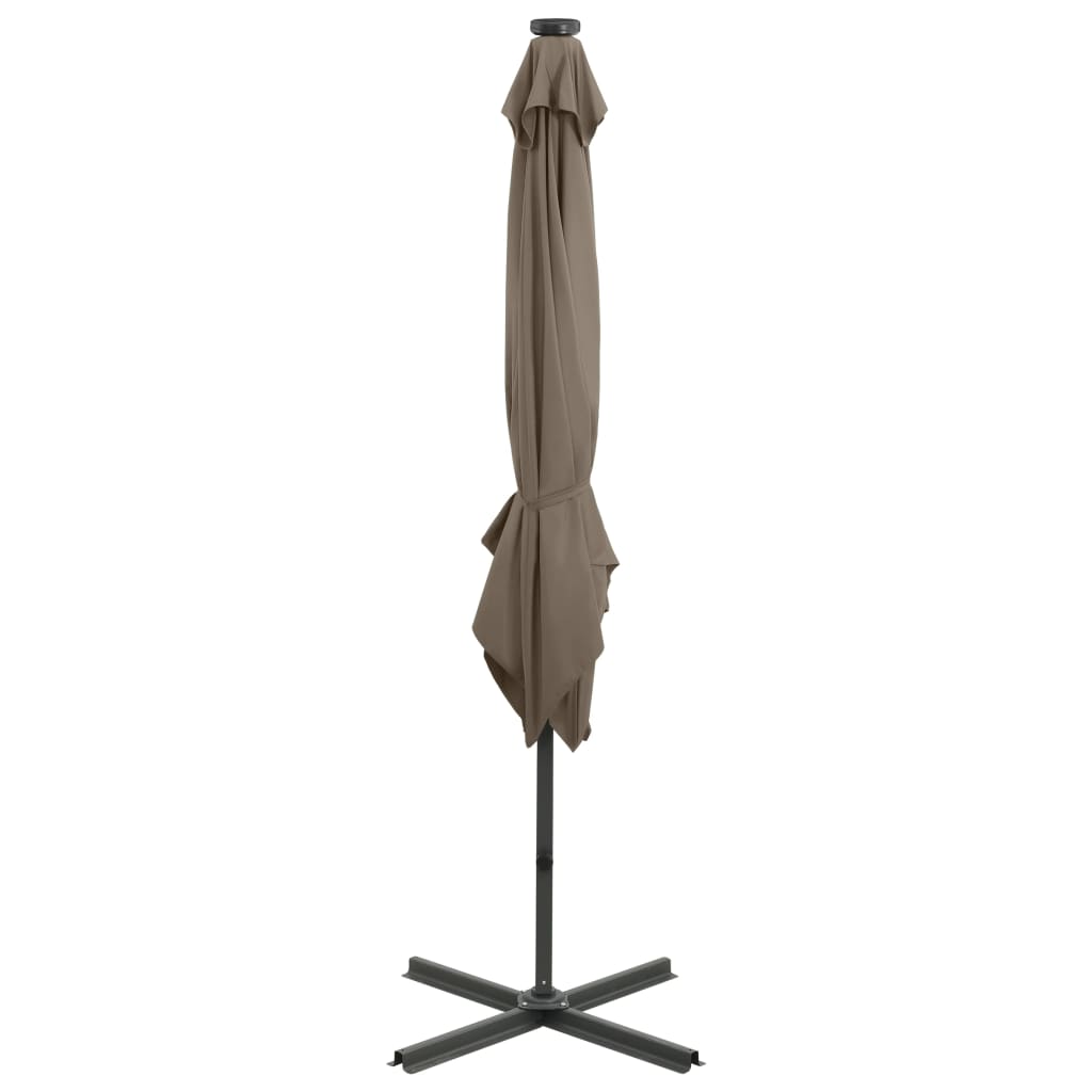 vidaXL Parasol wiszący z lampkami LED i słupkiem, 250 cm, taupe