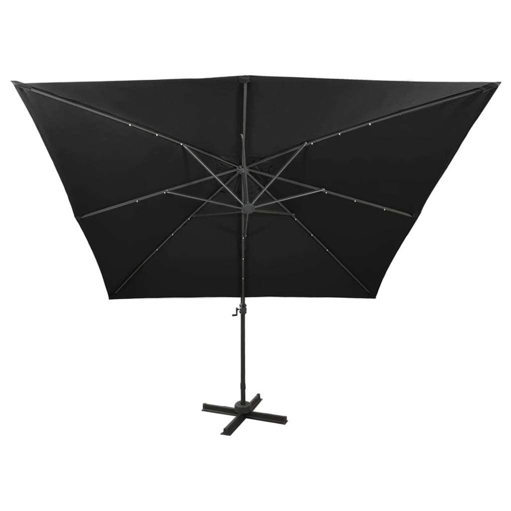 vidaXL Parasol wiszący z lampkami LED i słupkiem, 300 cm, czarny