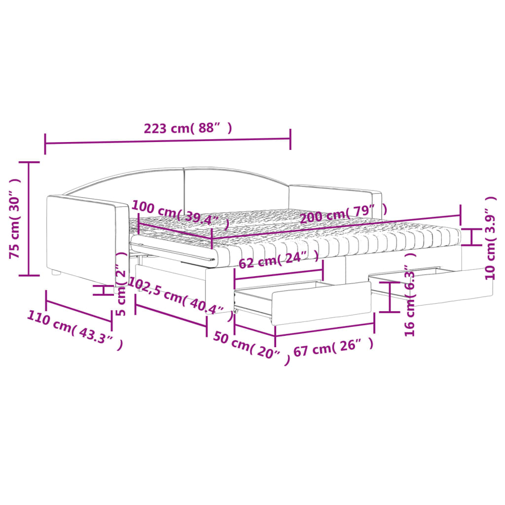 vidaXL Sofa rozsuwana z szufladami, kremowa, 100x200 cm, tkanina