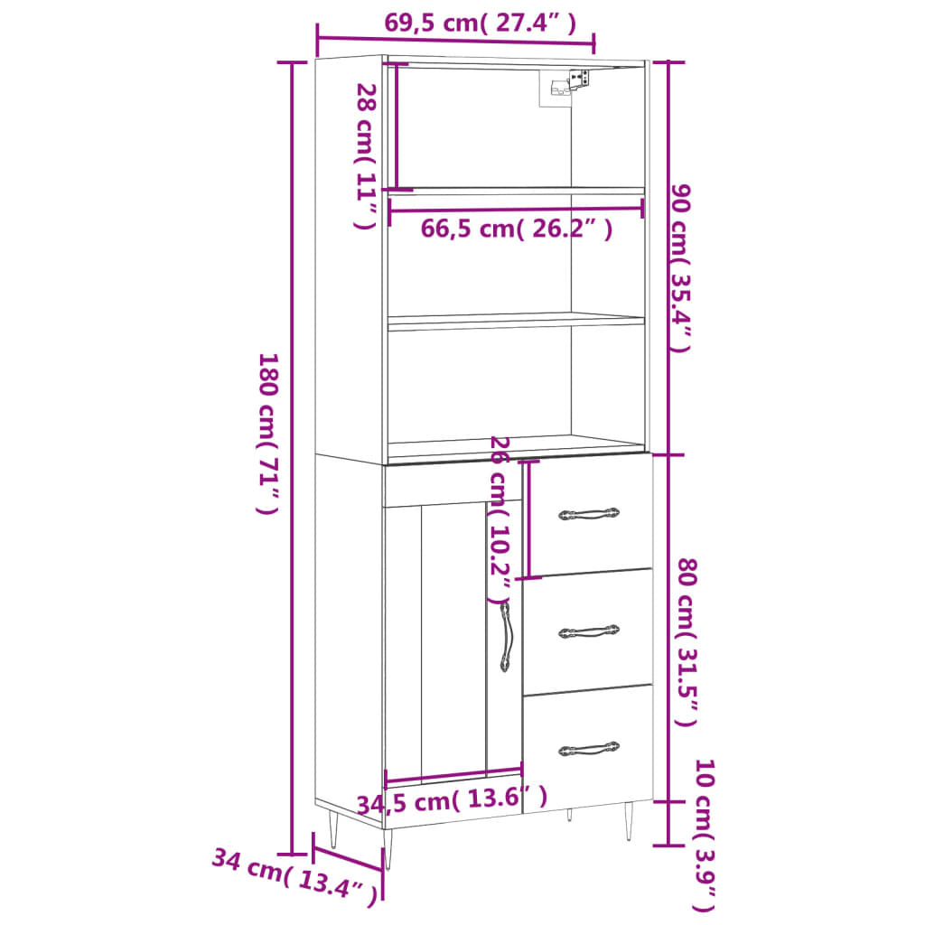 vidaXL Witrynka, szarość betonu 69,5x34x180 cm materiał drewnopochodny