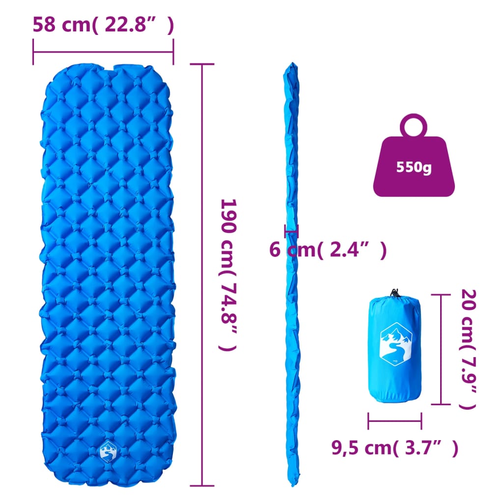 vidaXL Dmuchany materac turystyczny, 1-osobowy, niebieski, 190x58x6 cm