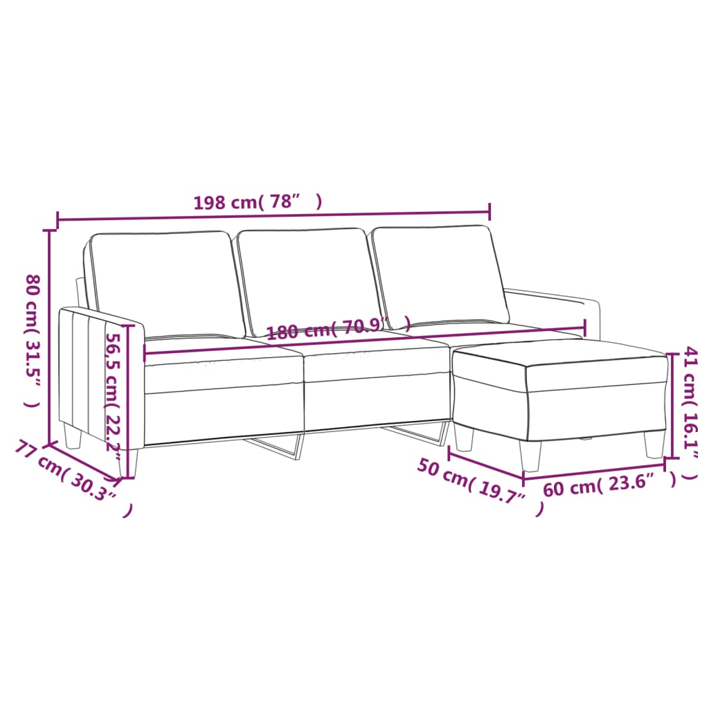 vidaXL 3-osobowa sofa z podnóżkiem, czarna, 180 cm, tkaniną