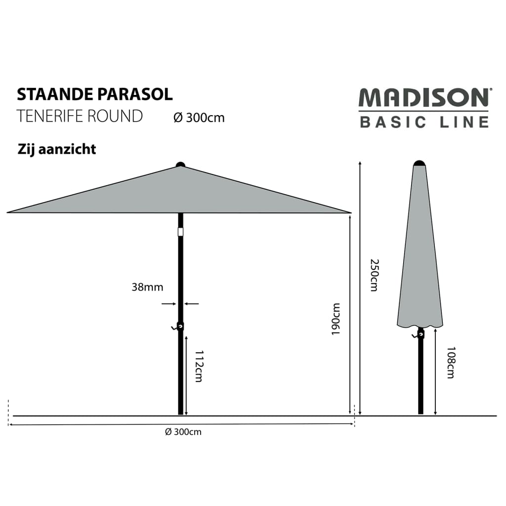 Madison Parasol ogrodowy Tenerife, 300 cm, okrągły, szary