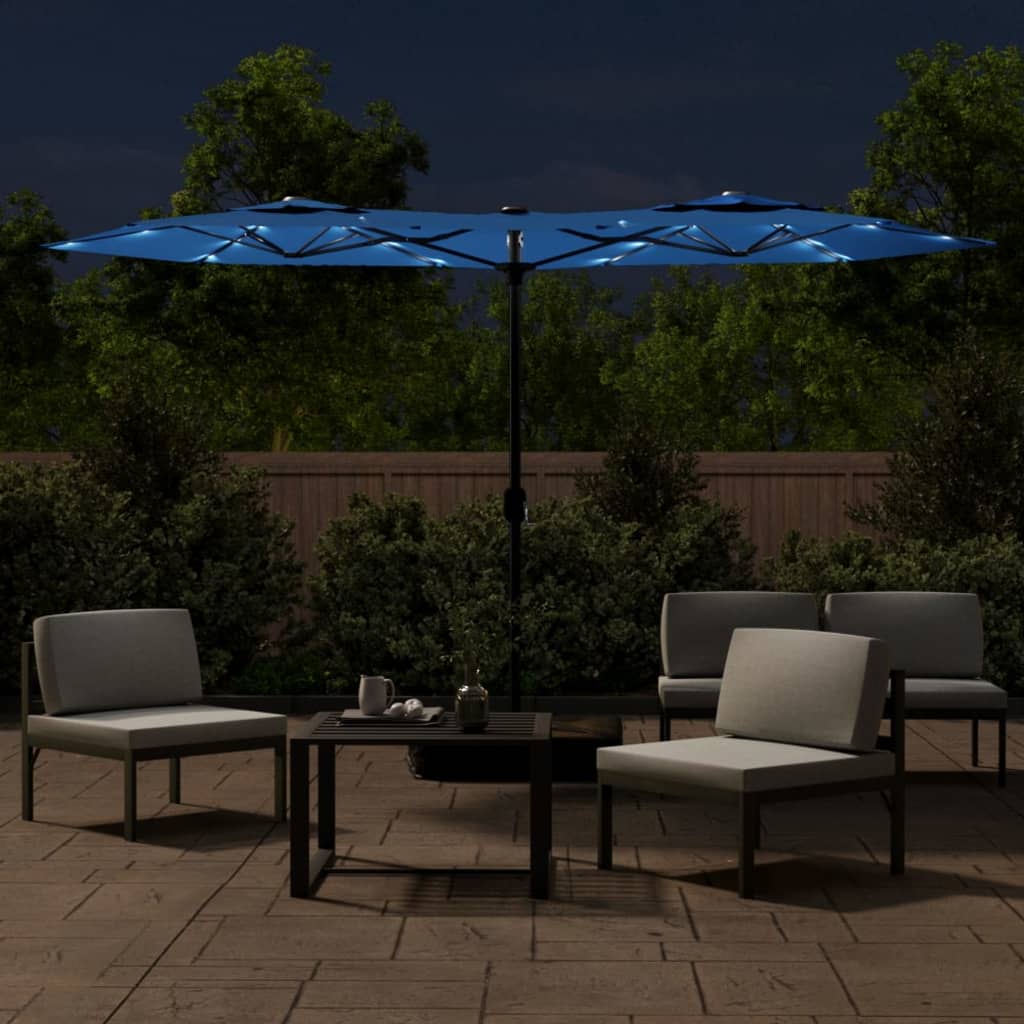 vidaXL Podwójny parasol ogrodowy z LED, niebieski, 316x240 cm