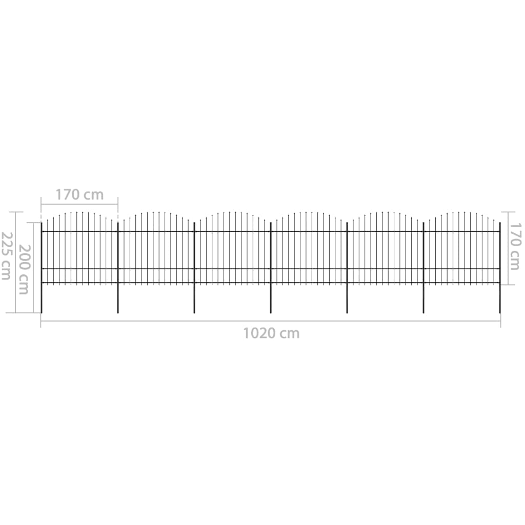 vidaXL Panele ogrodzeniowe z grotami, stal, (1,5-1,75)x10,2 m, czarne