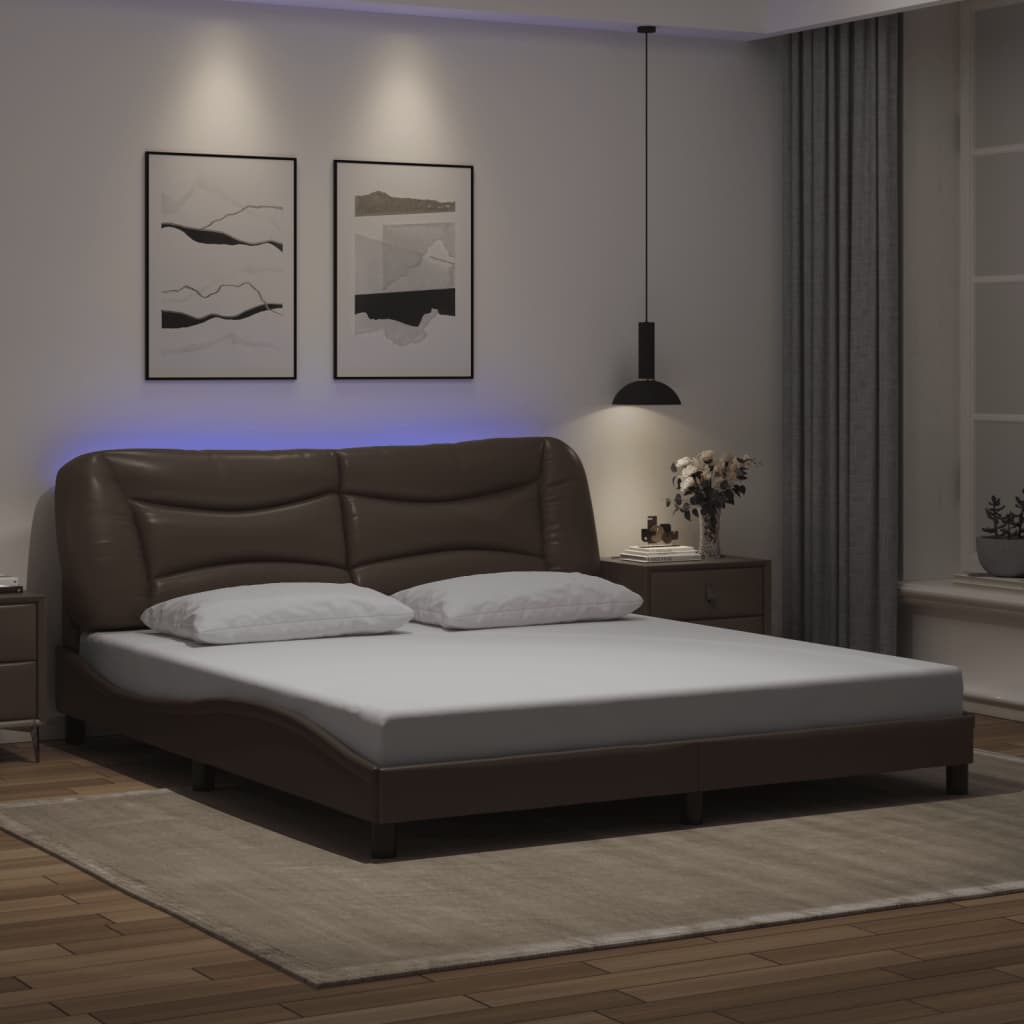 vidaXL Rama łóżka z LED, brązowa, 180x200 cm, sztuczna skóra