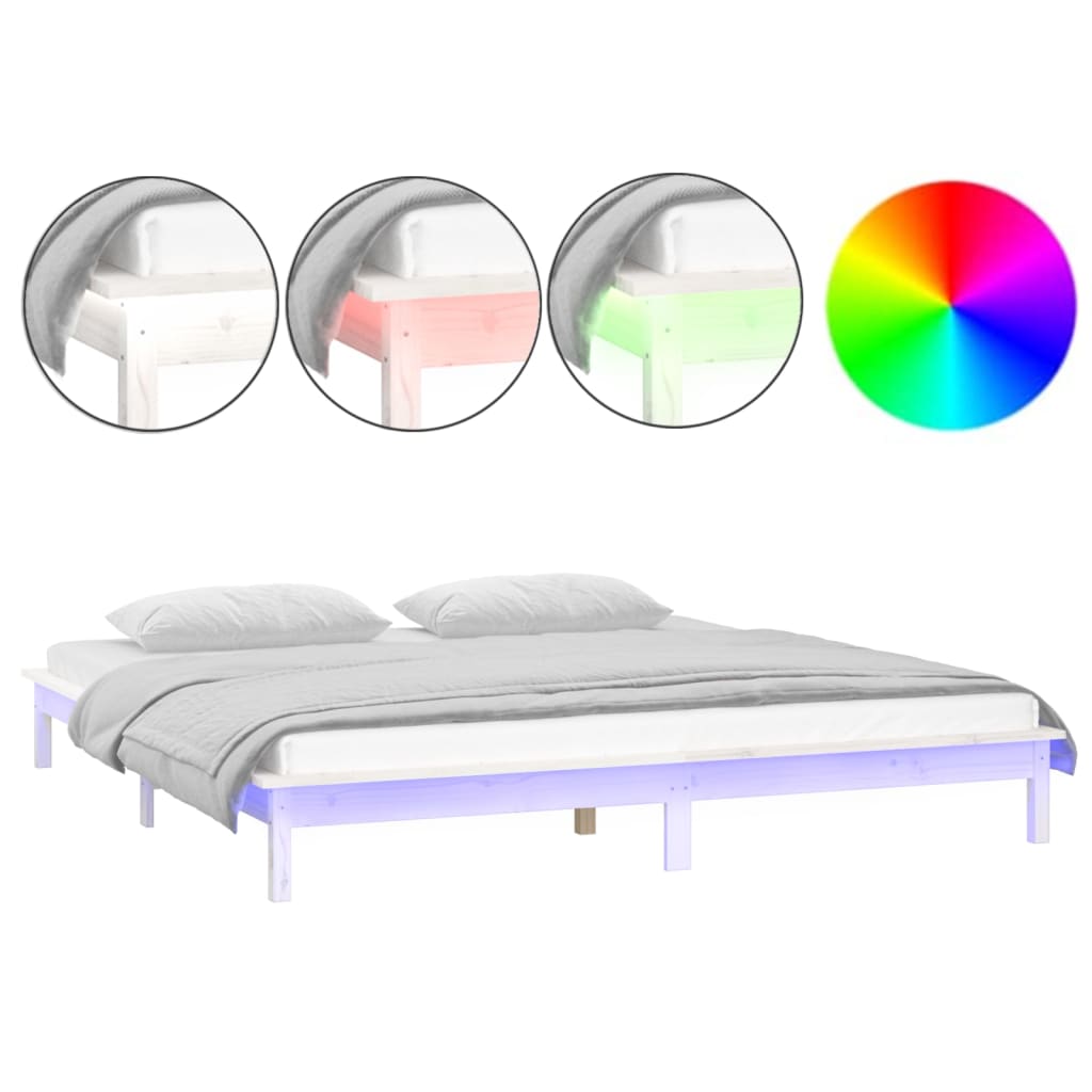 vidaXL Rama łóżka z LED, biała, 180x200 cm, Super King, lite drewno