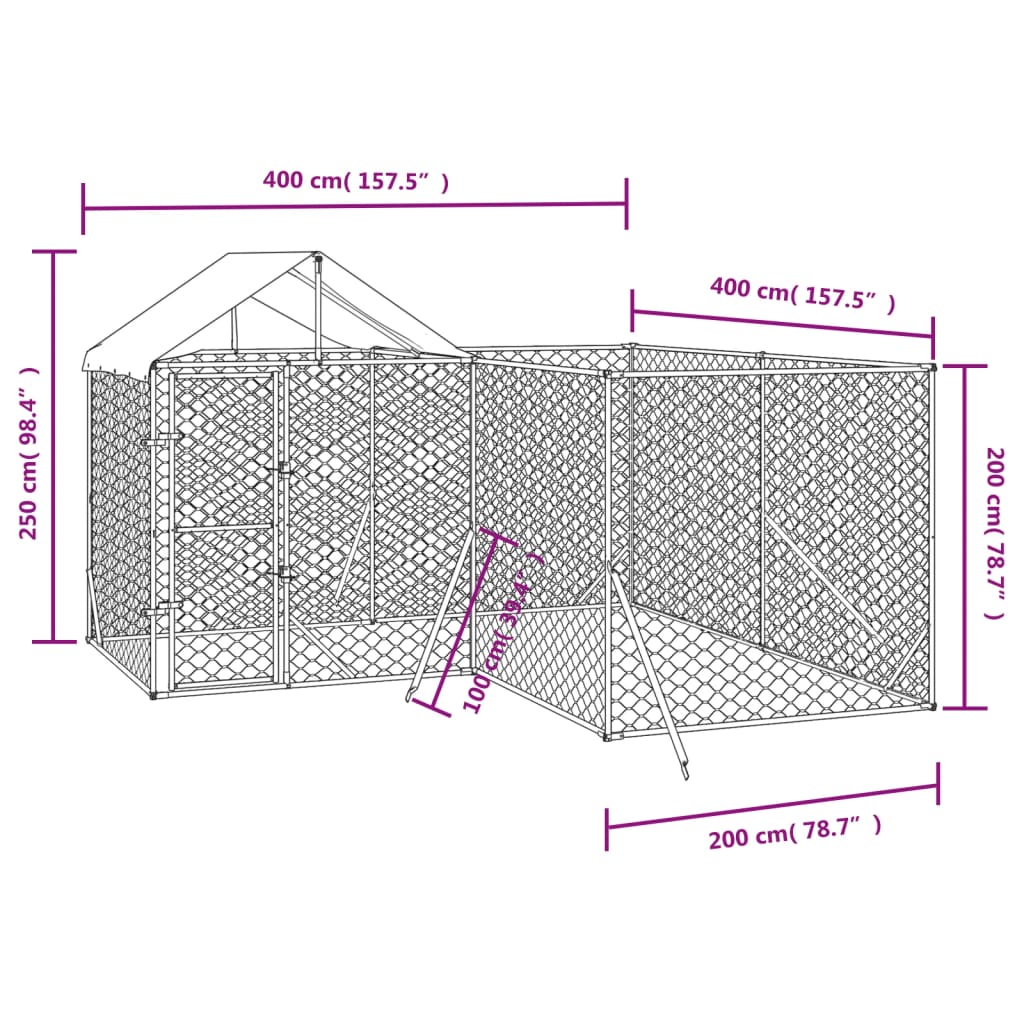 vidaXL Kojec dla psa, z dachem, srebrny, 4x4x2,5 m, stal galwanizowana