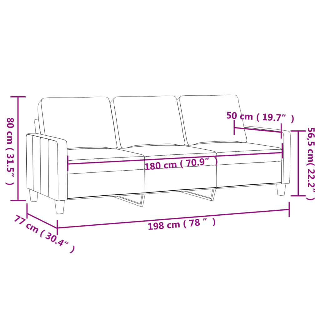 vidaXL Sofa 3-osobowa, jasnoszara, 180 cm, tapicerowana aksamitem