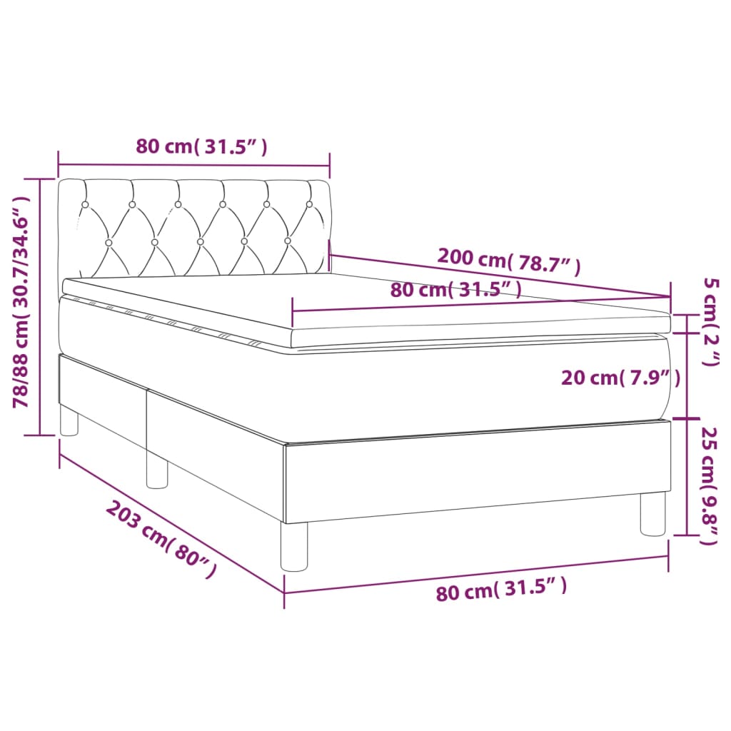 vidaXL Łóżko kontynentalne z materacem i LED, szare 80x200 cm, aksamit