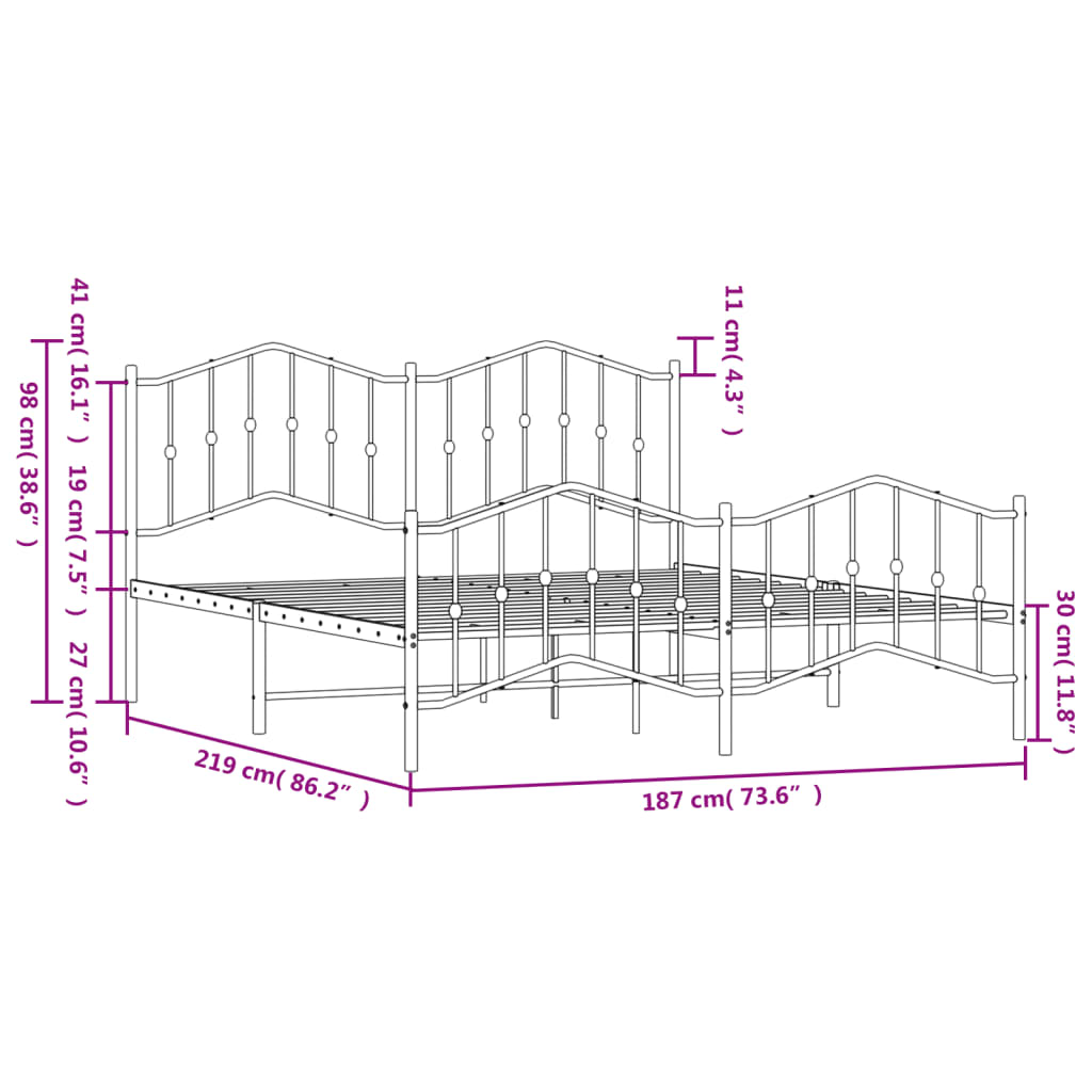 vidaXL Metalowa rama łóżka z wezgłowiem i zanóżkiem, czarna, 183x213cm