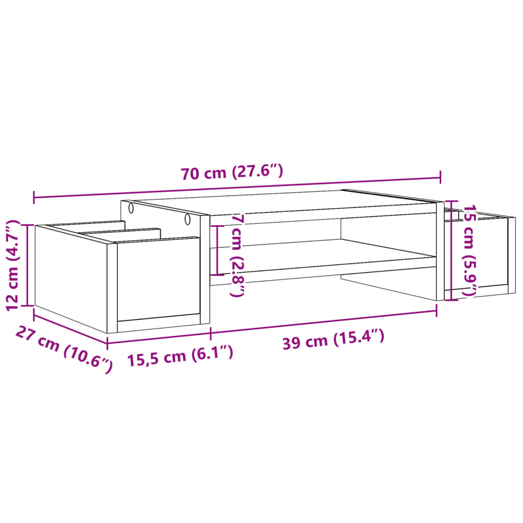 vidaXL Podstawka pod monitor, z przegrodami, brązowy dąb, 70x27x15 cm