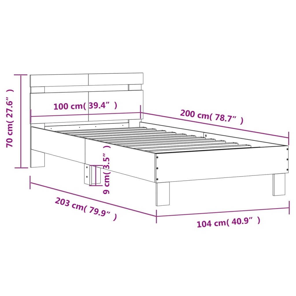 vidaXL Rama łóżka z wezgłowiem i LED, dąb sonoma, 100x200 cm