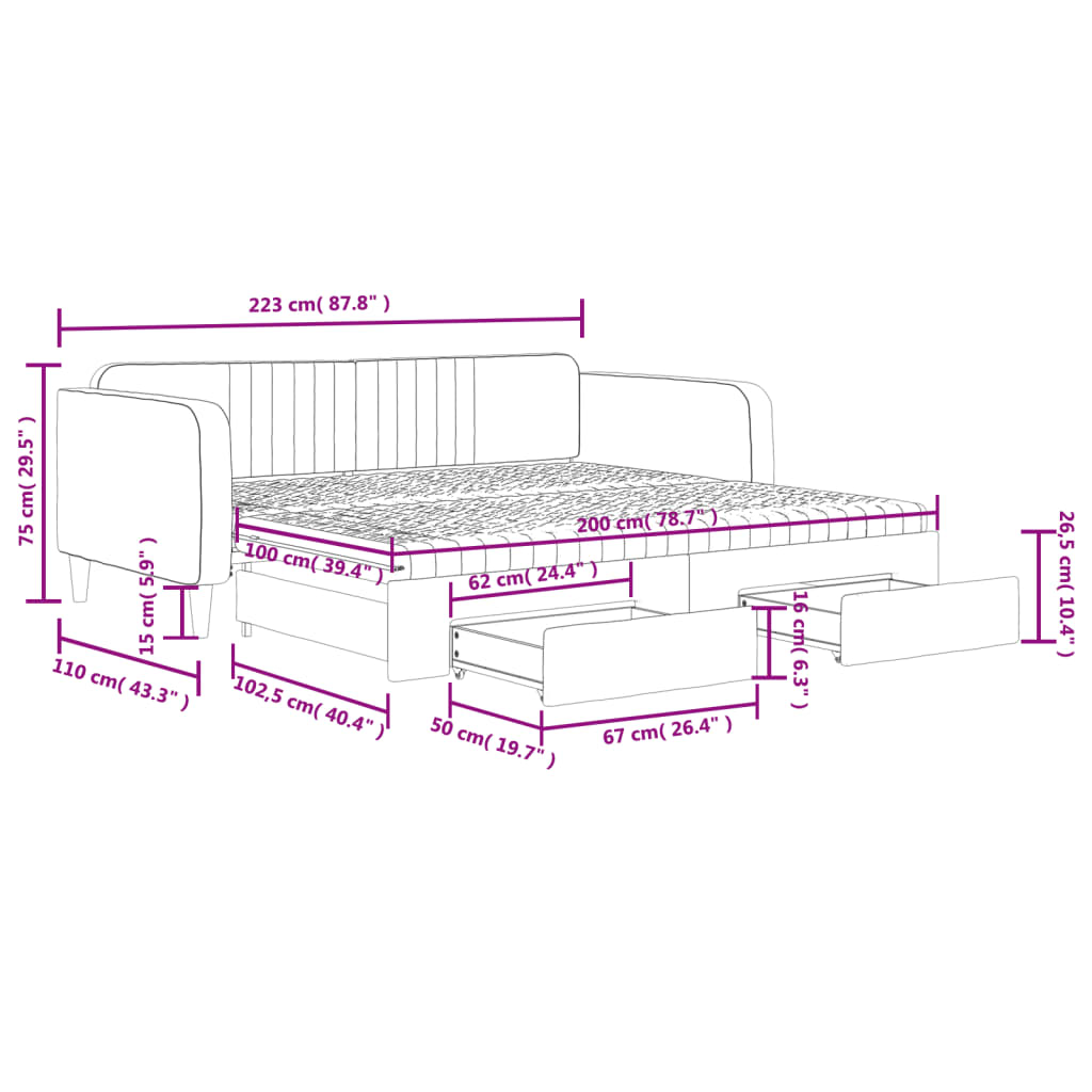 vidaXL Sofa rozsuwana z szufladami, jasnoszara, 100x200 cm, aksamit