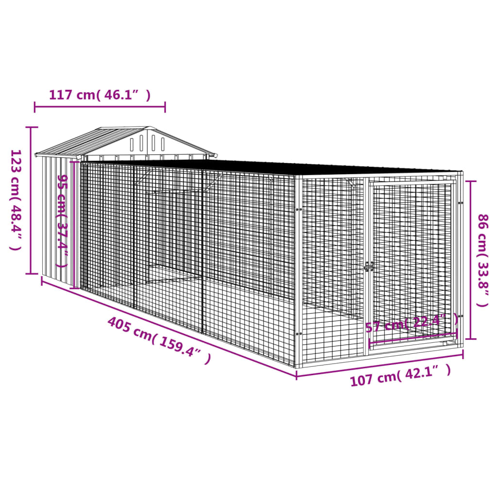 vidaXL Kurnik z wybiegiem, jasnoszary, 117x405x123 cm, stal