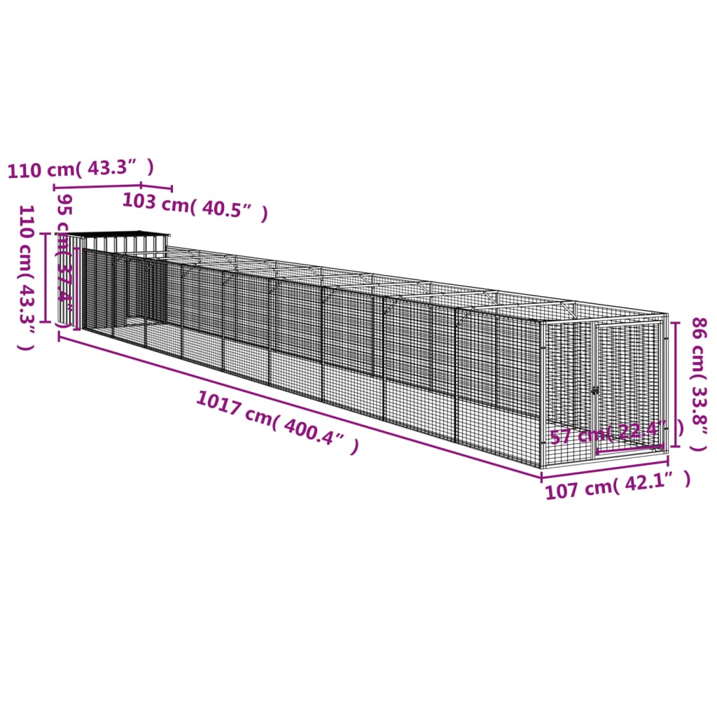 vidaXL Buda dla psa, z wybiegiem, jasnoszara, 110x1017x110 cm, stal