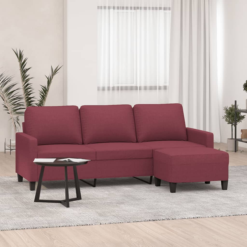 vidaXL 3-osobowa sofa z podnóżkiem winna czerwień 180 cm, tkaniną