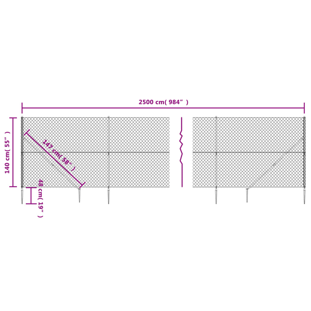 vidaXL Ogrodzenie z siatki, z kotwami, srebrne, 1,4x25 m