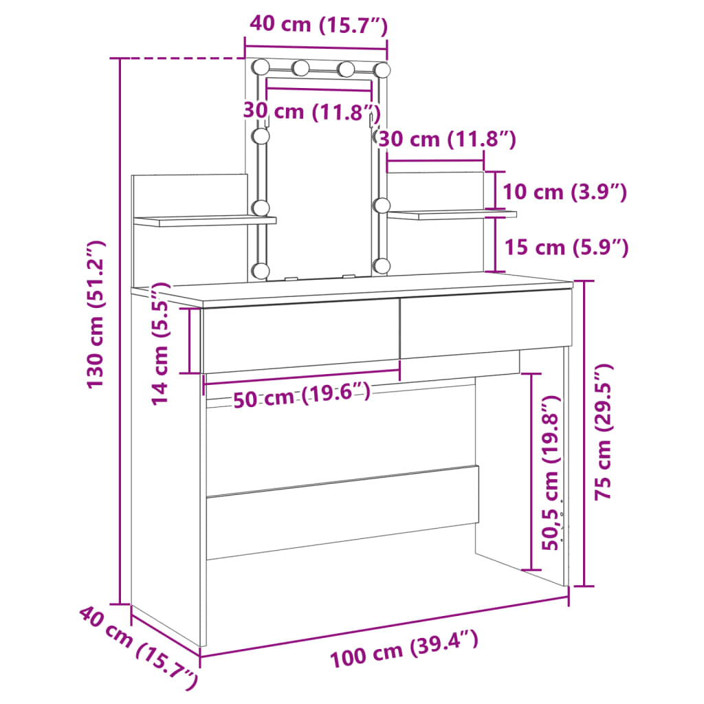 vidaXL Toaletka z oświetleniem LED, przydymiony dąb, 100x40x130 cm