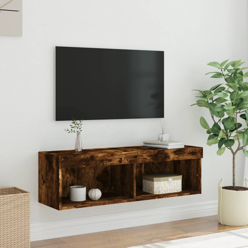 vidaXL Szafka pod TV z oświetleniem LED, przydymiony dąb, 100x30x30 cm