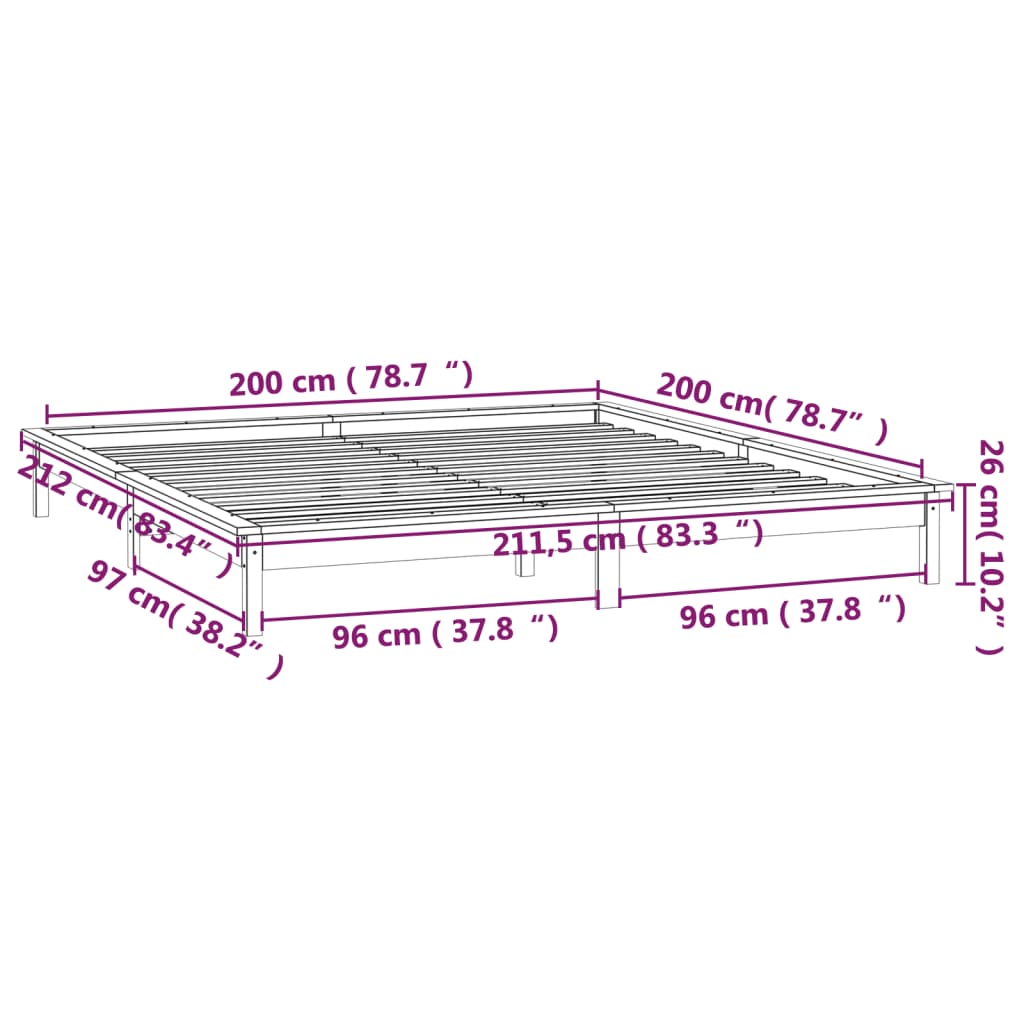 vidaXL Rama łóżka z LED, szara, 200x200 cm, lite drewno