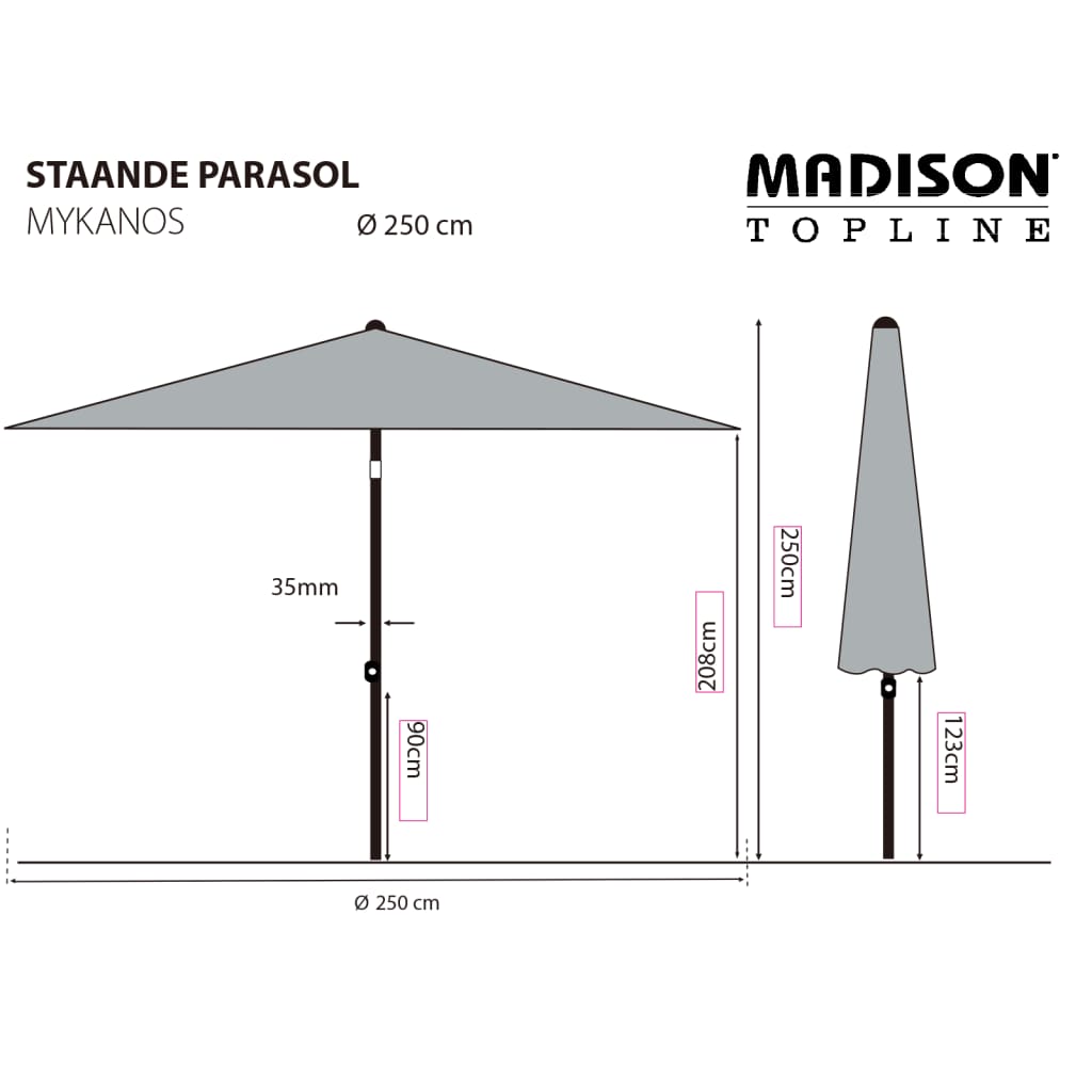 Madison Parasol ogrodowy Mykanos, 250 cm, kolor taupe