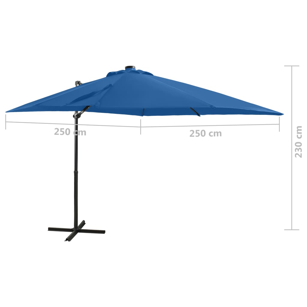 vidaXL Parasol wiszący z LED i słupkiem, niebieski, 250 cm