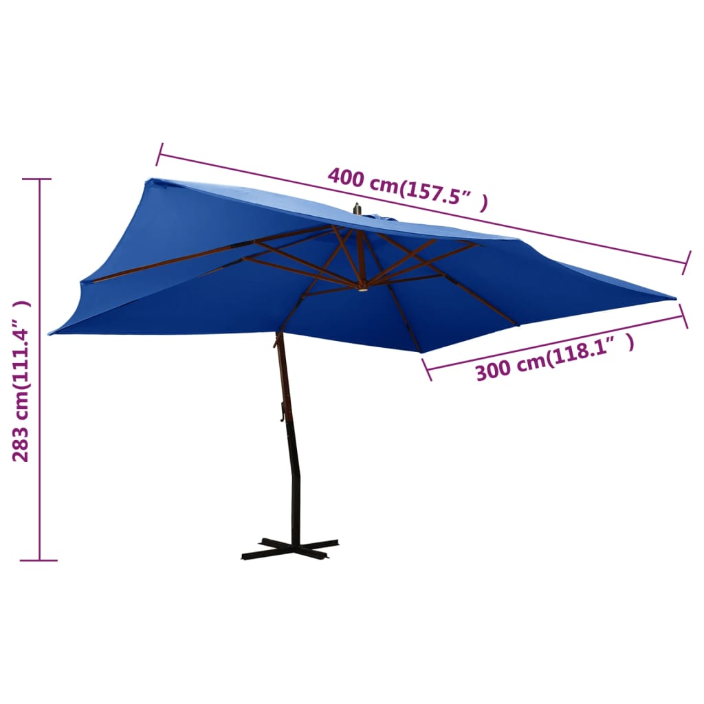 vidaXL Wiszący parasol z drewnianym słupkiem, 400x300 cm, niebieski