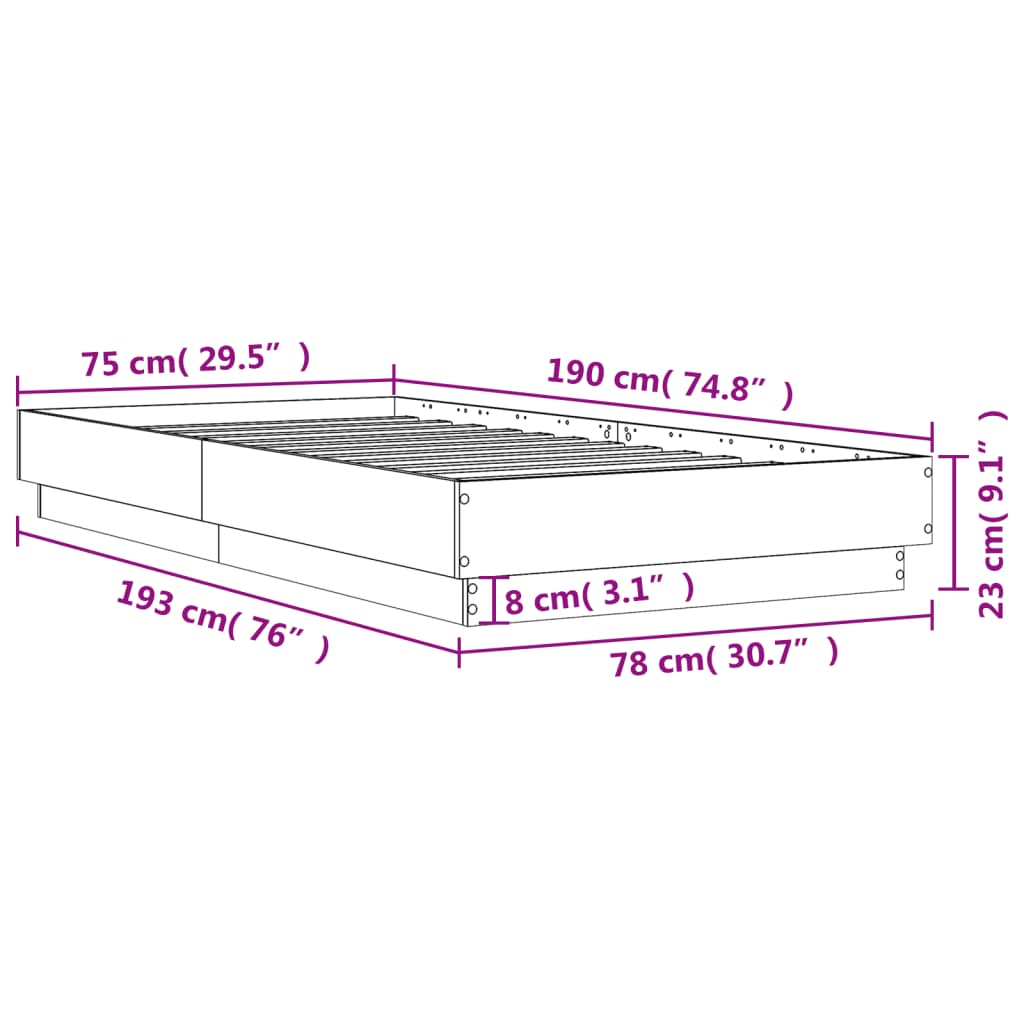 vidaXL Rama łóżka, szarość betonu, 75x190 cm, materiał drewnopochodny