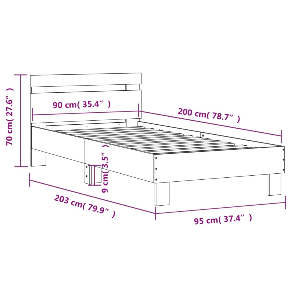 vidaXL Rama łóżka z wezgłowiem i LED, dąb sonoma, 90x200 cm